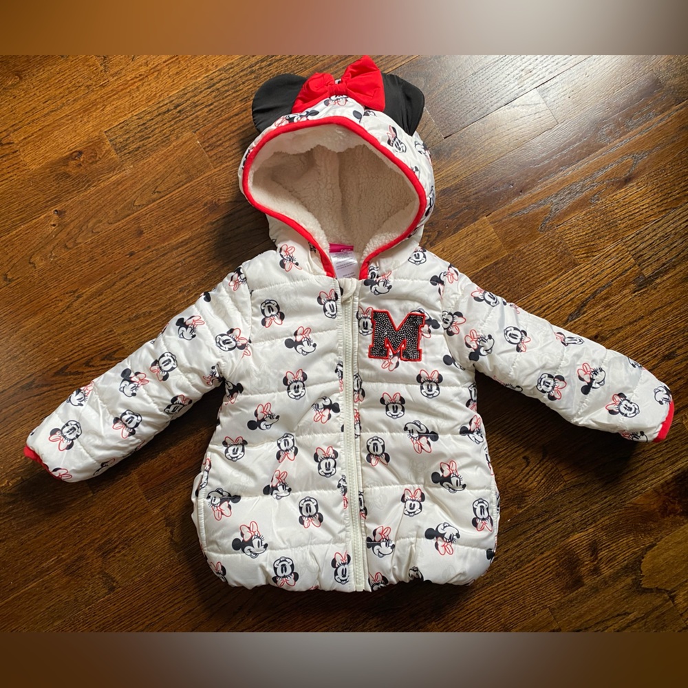 3T Disney MINNIE toddler hooded puffer jacket Minnie Mouse ears bow Sequins - Picture 2 of 16
